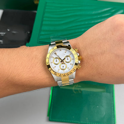 Sport Chronograph Two-Tone Watch, Panda Dial Men's Steel-Gold Band Wristwatch, Luxury Waterproof Chronograph