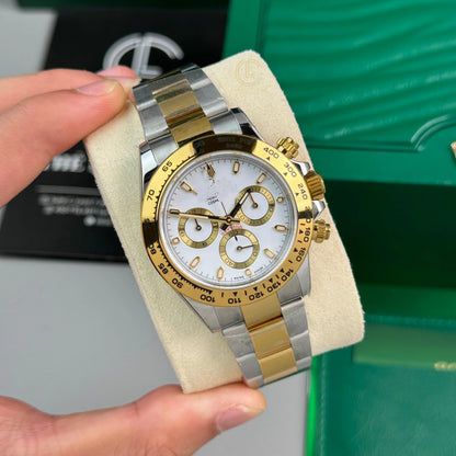 Sport Chronograph Two-Tone Watch, Panda Dial Men's Steel-Gold Band Wristwatch, Luxury Waterproof Chronograph