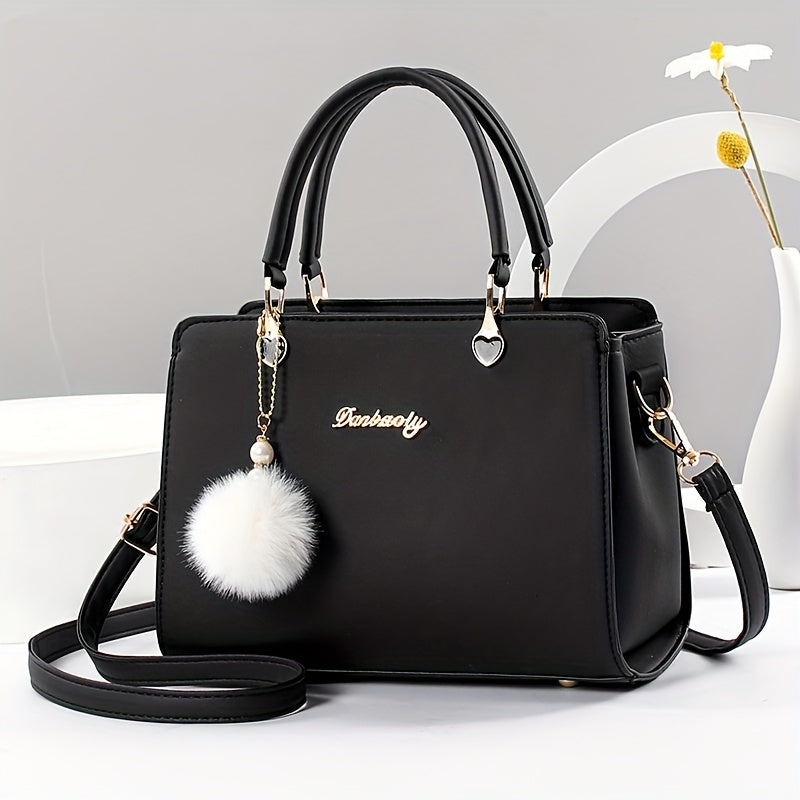 today's deals，No middlemen to make the difference!Fashion Solid Color Handbag, Women's Top Handle Square Purse, Elegant Crossbody Bag With Pompom Ball Pendant