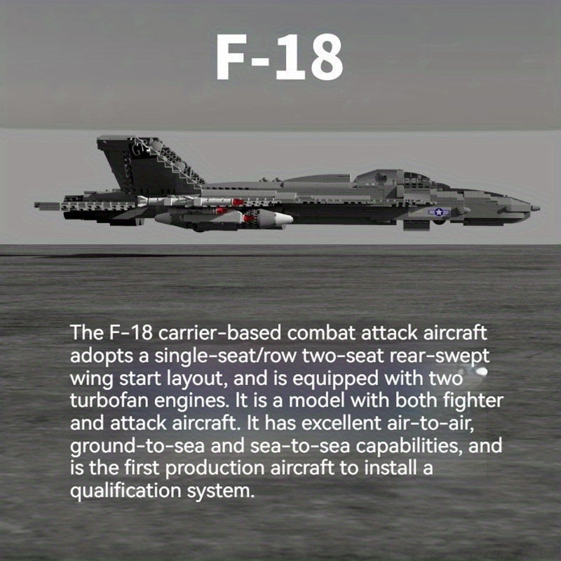 1387pcs Simulative Military F-18 Hornet Raptor Fighter Aircraft Building Blocks with Missile Model - Perfect Assembly Gift