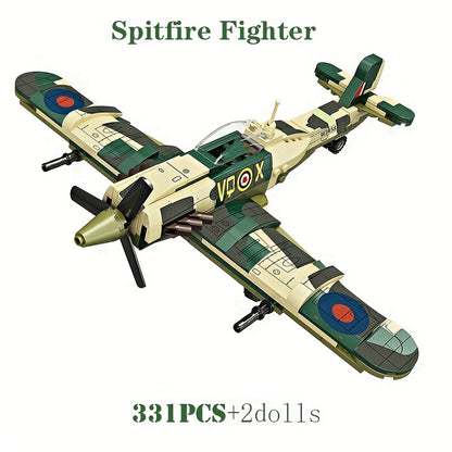 331pcs Military Spitfire Aircraft Model, Small Building Blocks, Educational Toy With 2 Soldiers, Christmas And Halloween Gifts For Children