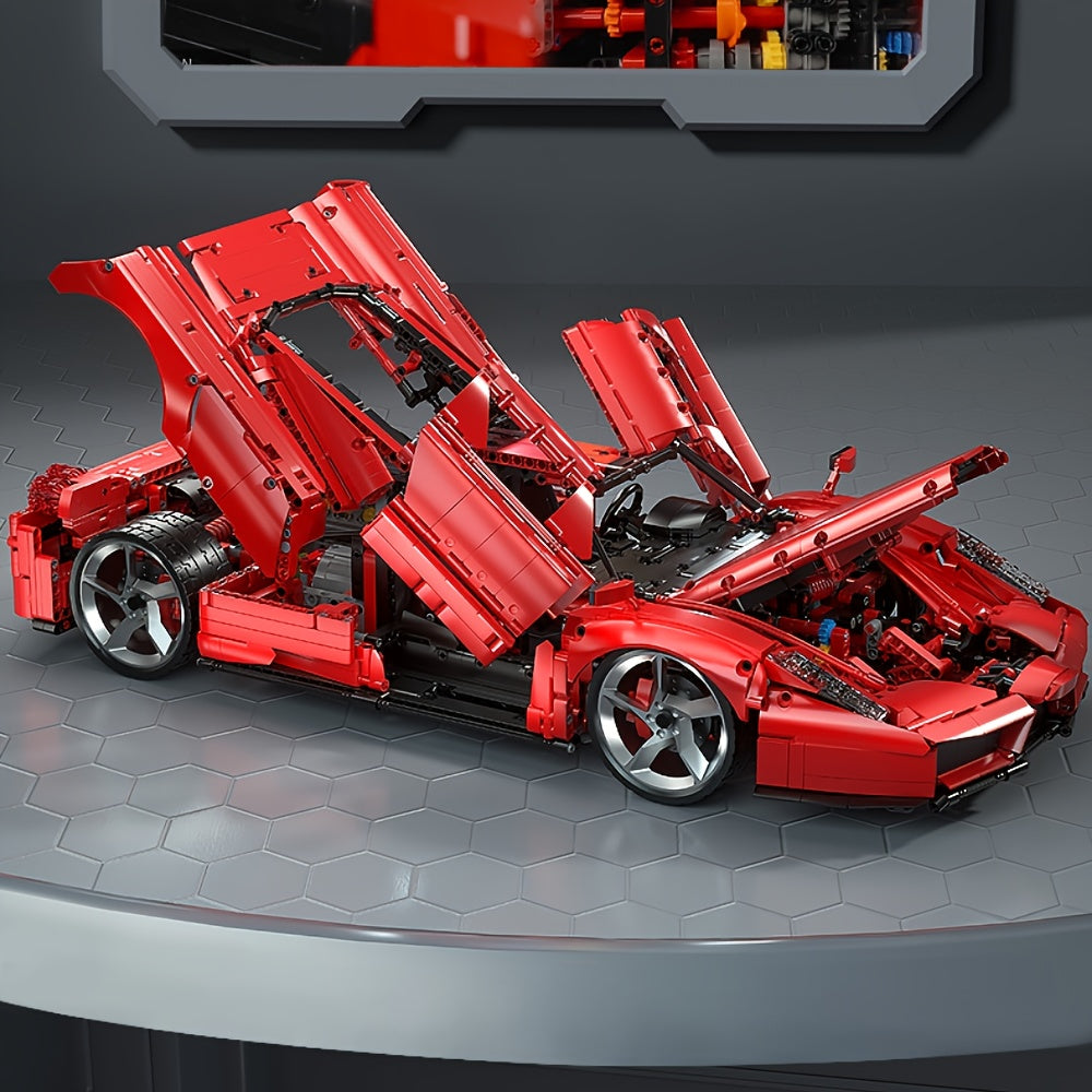 4301pcs Flame Cool Red Supercar Splicing Assembly Building Blocks Toy, 1:8 Series Racing Model Desktop Car Decoration, Office Decoration, Li