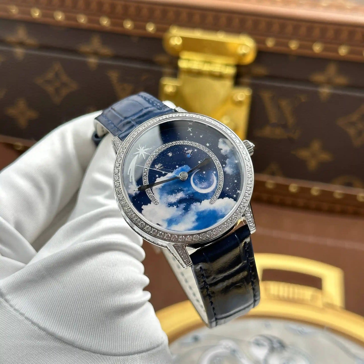Starry Sky Moon Phase Automatic Watch with Diamond Bezel