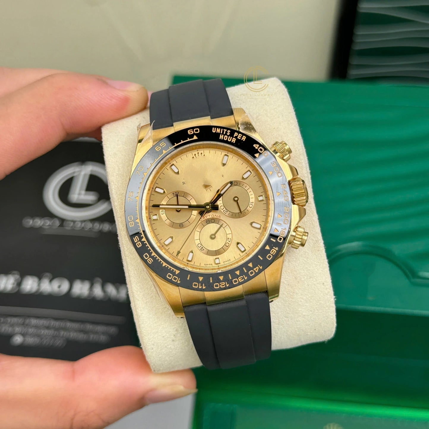 Sport Chronograph Full-Gold Watch, Ceramic Bezel Champagne Dial Rubber Strap Men's Wristwatch, Luxury Waterproof Chronograph