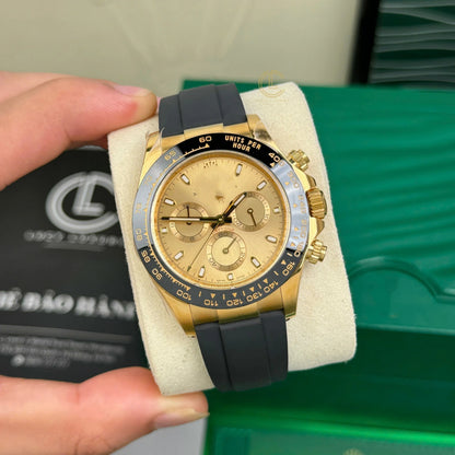 Sport Chronograph Full-Gold Watch, Ceramic Bezel Champagne Dial Rubber Strap Men's Wristwatch, Luxury Waterproof Chronograph