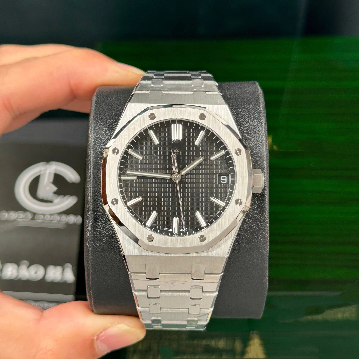 【#A288】Octagonal Steel Watch With Grid Dial & Date Window For Men