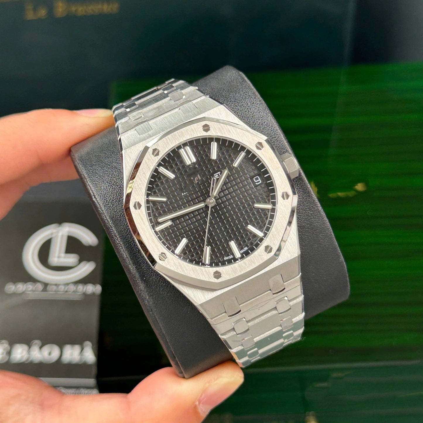 【#A288】Octagonal Steel Watch With Grid Dial & Date Window For Men