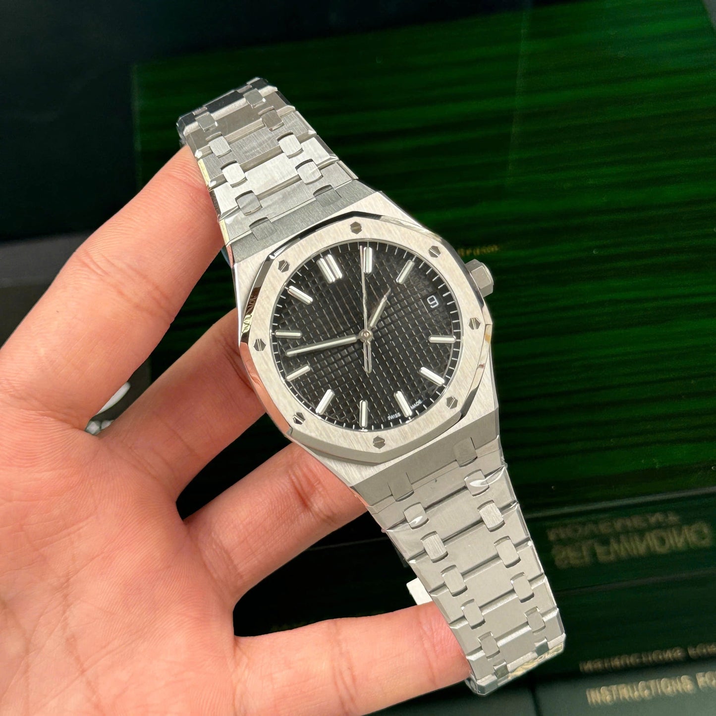 【#A288】Octagonal Steel Watch With Grid Dial & Date Window For Men