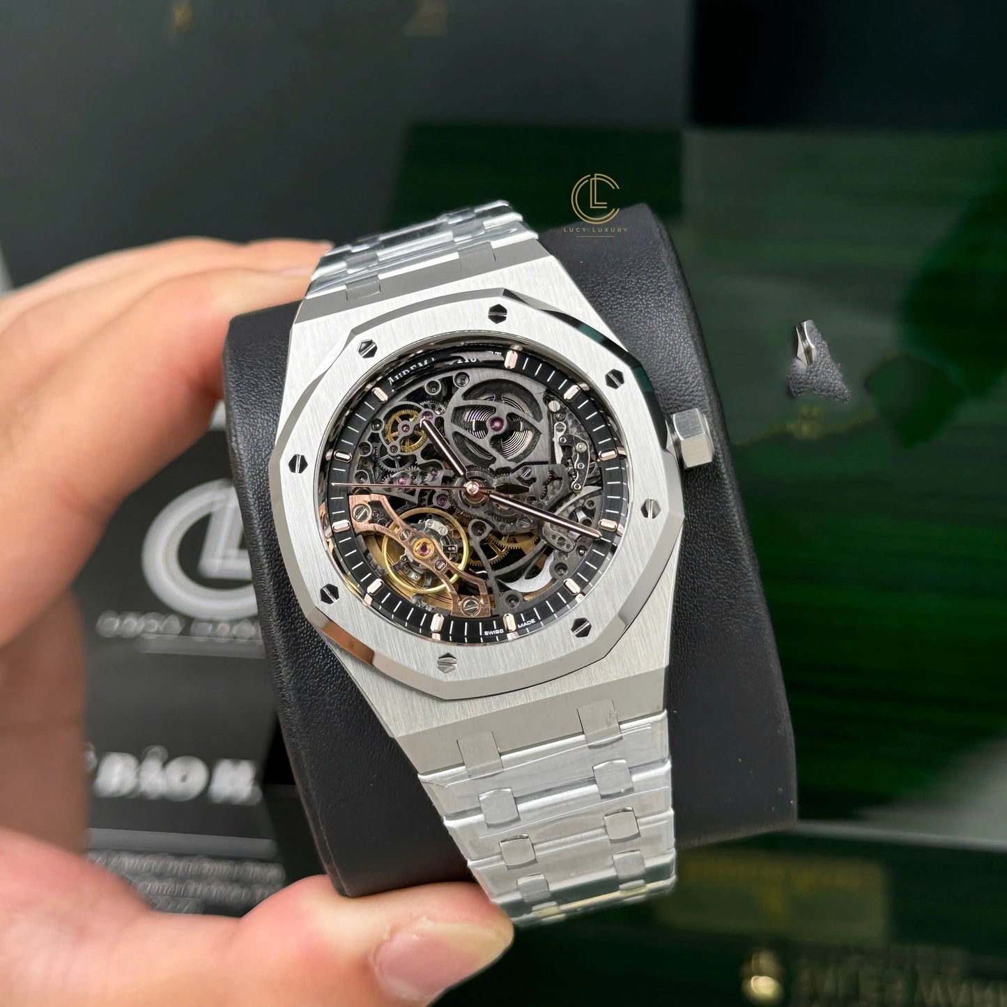 Octagonal Skeleton Automatic Watch in Stainless Steel