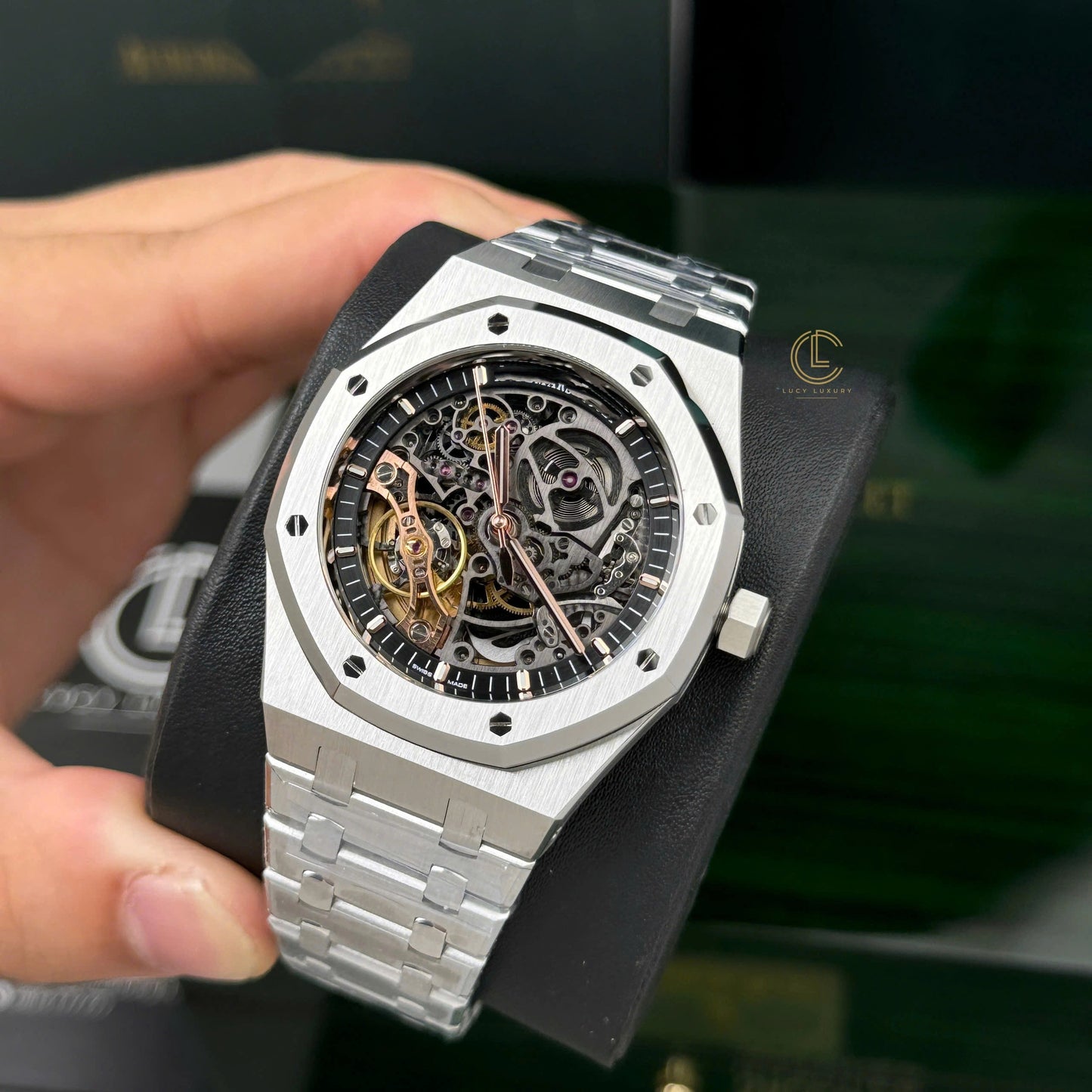 Octagonal Skeleton Automatic Watch in Stainless Steel