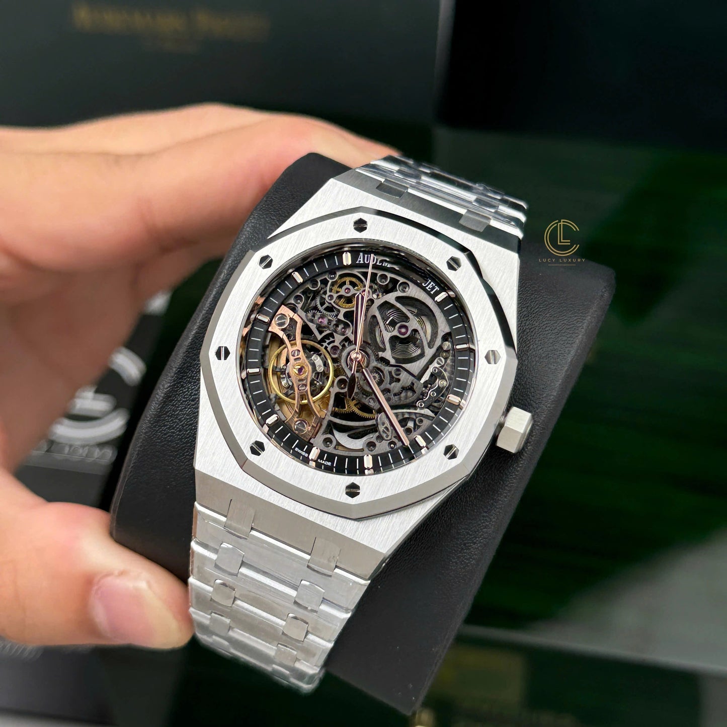 Octagonal Skeleton Automatic Watch in Stainless Steel