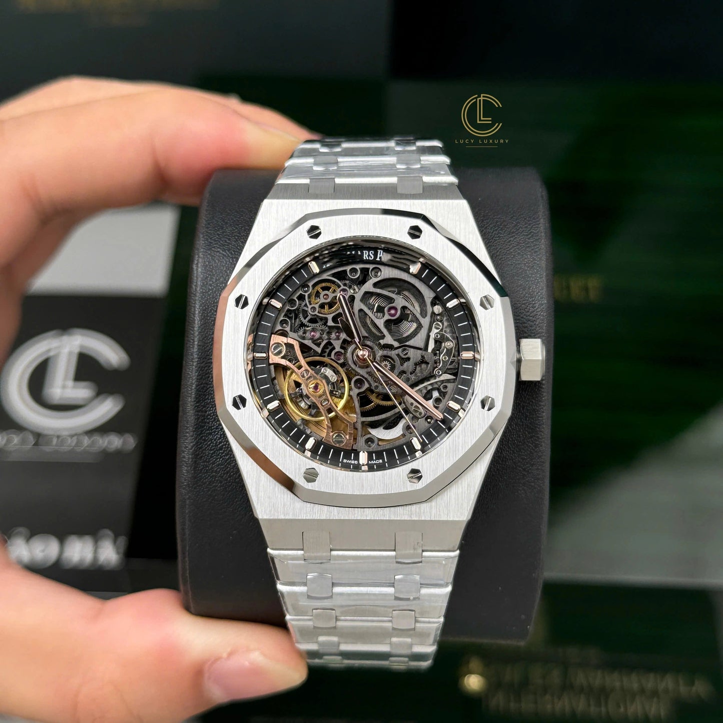 Octagonal Skeleton Automatic Watch in Stainless Steel