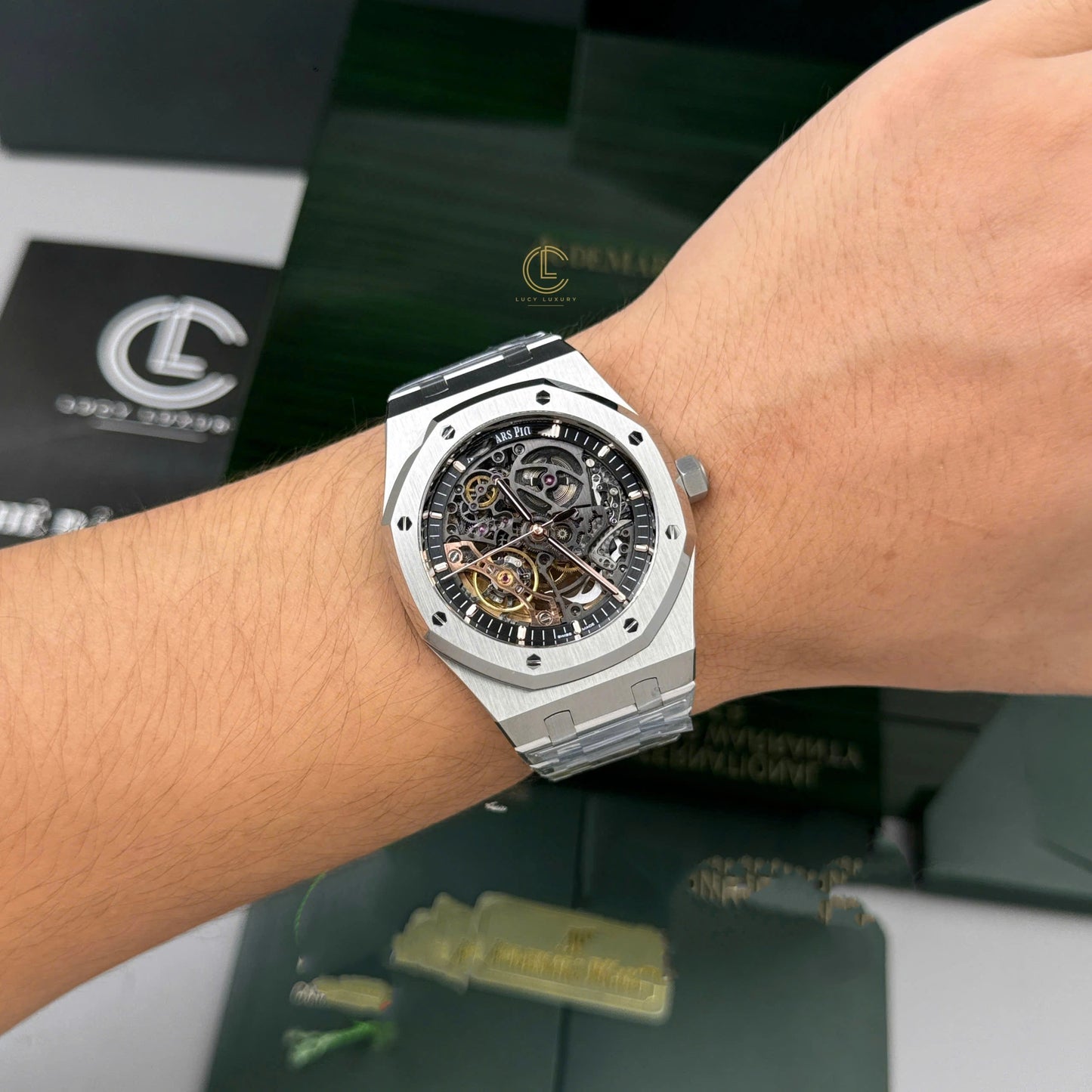 Octagonal Skeleton Automatic Watch in Stainless Steel
