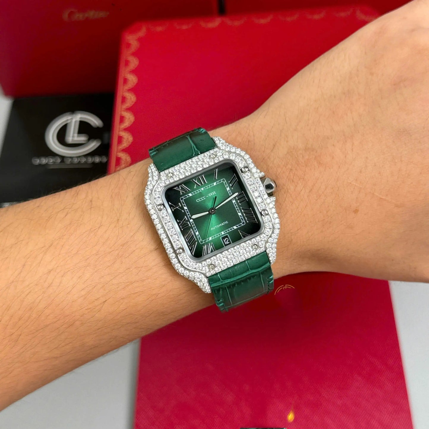 Square Full Diamond Automatic Watch with Green Dial and Leather Strap
