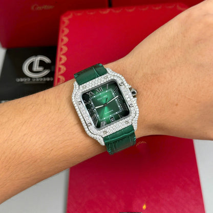 Square Full Diamond Automatic Watch with Green Dial and Leather Strap
