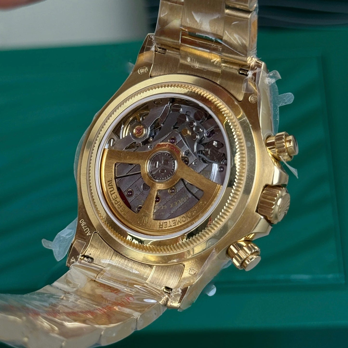 Full Gold Three-eye Chronograph Watch, Ceramic Bezel Multifunction Steel Band Men's Mechanical Wristwatch