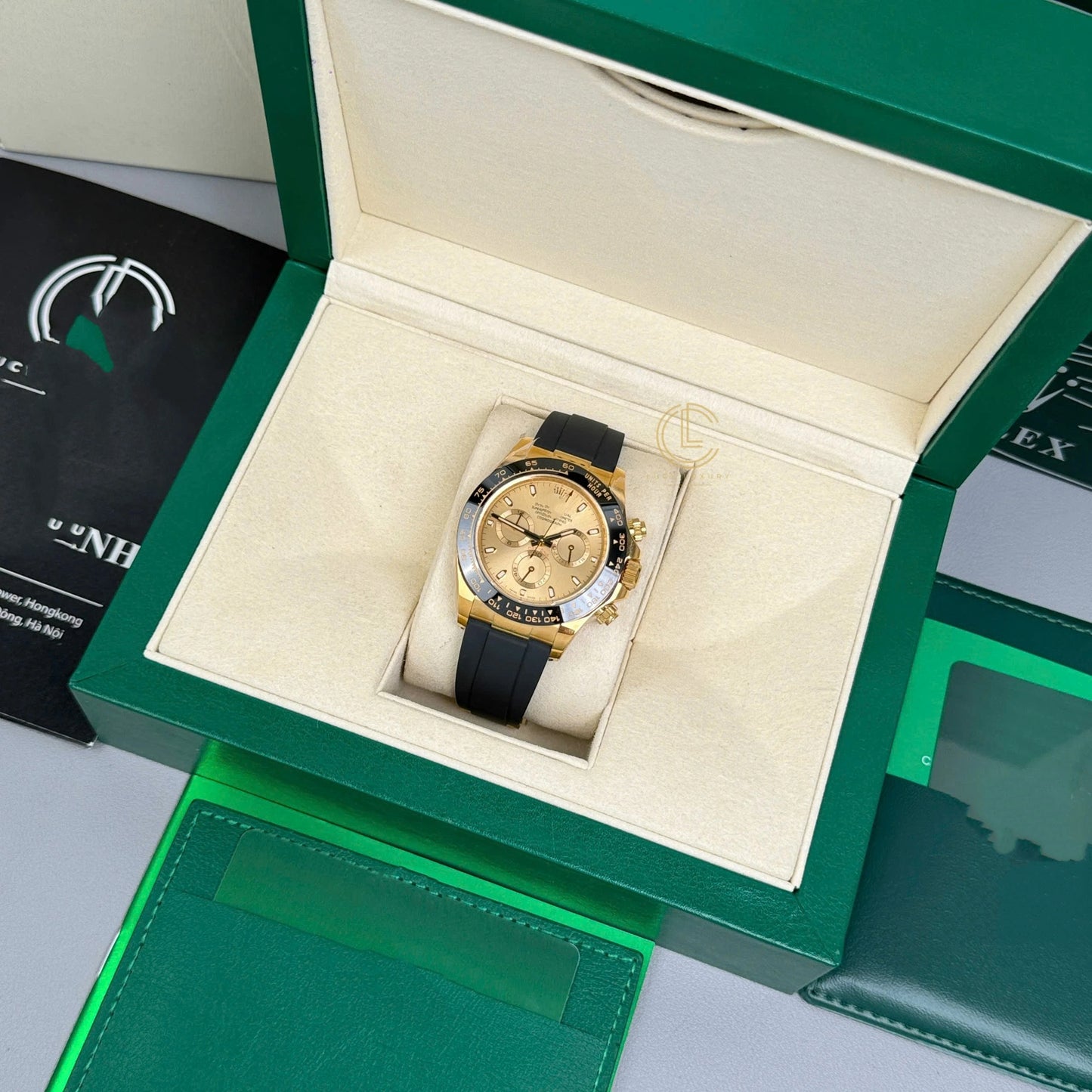 Sport Chronograph Full-Gold Watch, Ceramic Bezel Champagne Dial Rubber Strap Men's Wristwatch, Luxury Waterproof Chronograph