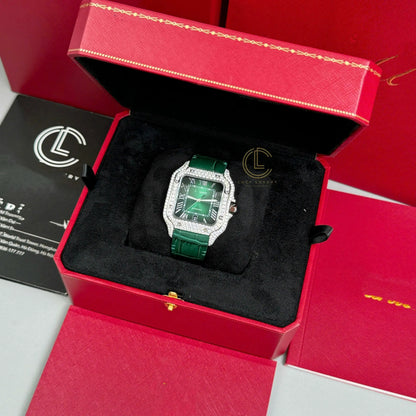 Square Full Diamond Automatic Watch with Green Dial and Leather Strap