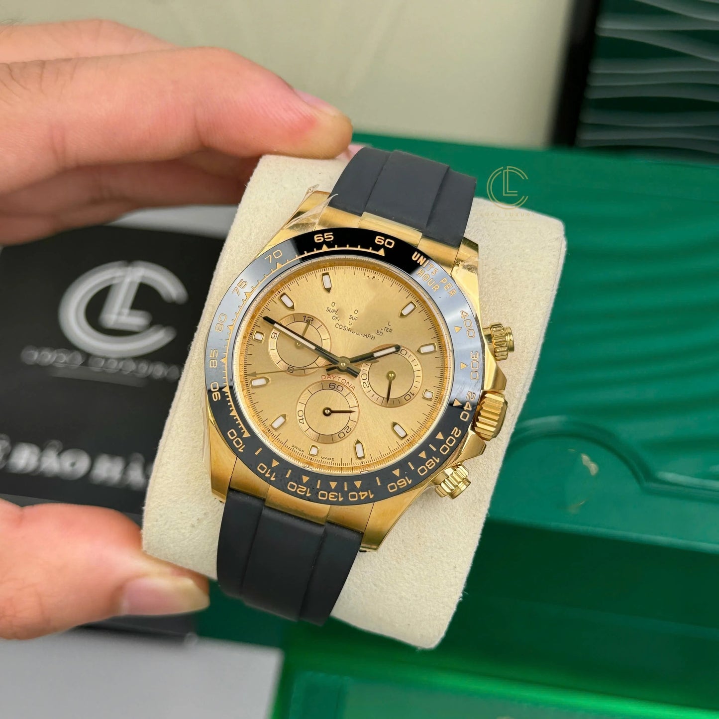 Sport Chronograph Full-Gold Watch, Ceramic Bezel Champagne Dial Rubber Strap Men's Wristwatch, Luxury Waterproof Chronograph