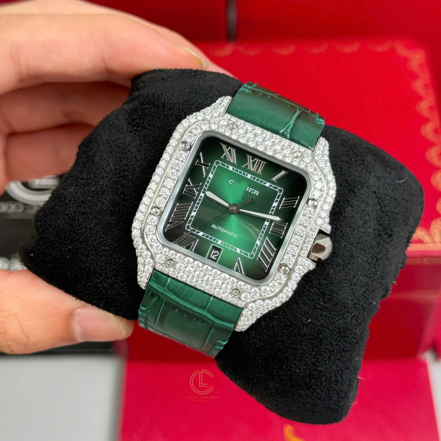 Square Full Diamond Automatic Watch with Green Dial and Leather Strap