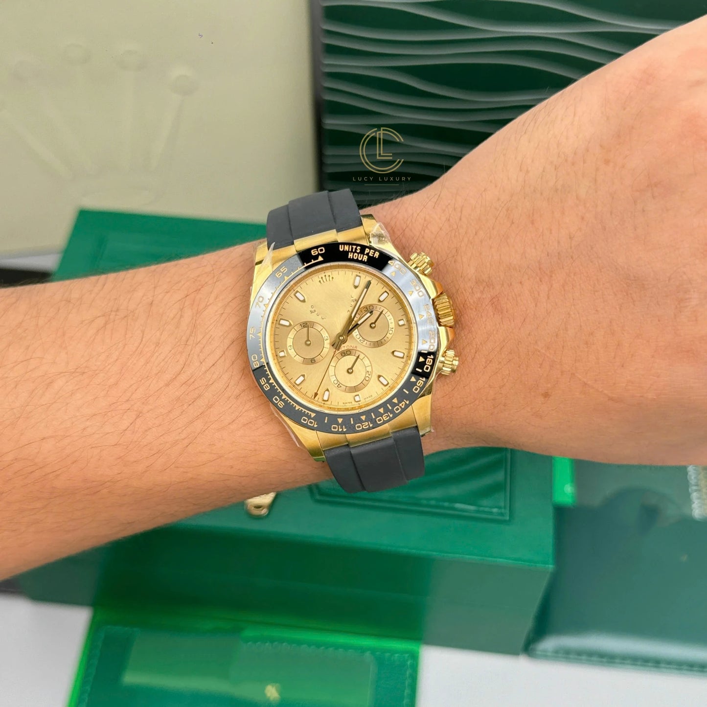 Sport Chronograph Full-Gold Watch, Ceramic Bezel Champagne Dial Rubber Strap Men's Wristwatch, Luxury Waterproof Chronograph
