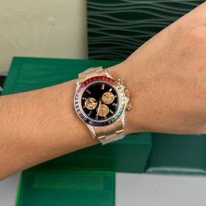 Rose Gold Rainbow Bezel Chronograph Watch