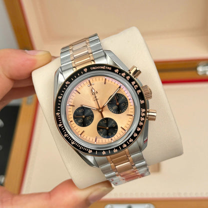 Men Two-Tone Three Subdial Automatic Chronograph Watch, See-Through Case Back Tachymeter Bezel Waterproof Luminous Business Wristwatch With Extra Rubber Strap Gift Box Set