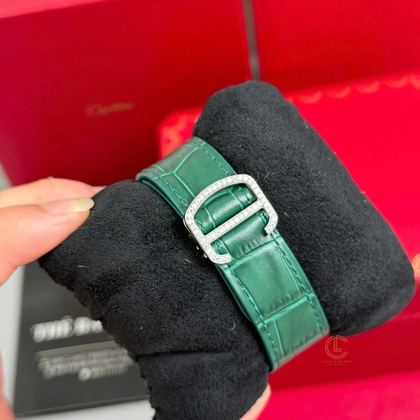 Square Full Diamond Automatic Watch with Green Dial and Leather Strap