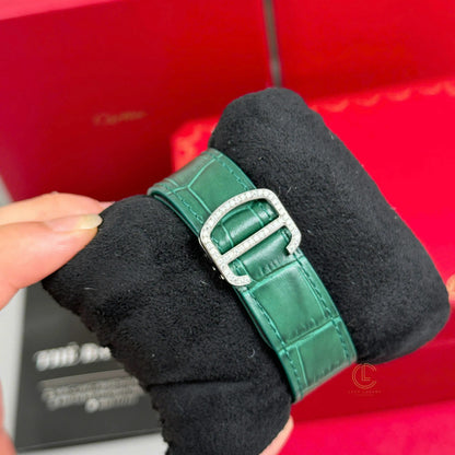 Square Full Diamond Automatic Watch with Green Dial and Leather Strap