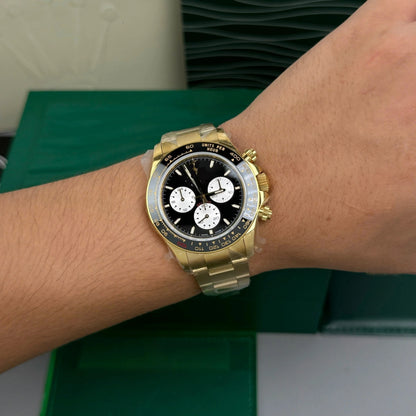Full Gold Three-eye Chronograph Watch, Ceramic Bezel Multifunction Steel Band Men's Mechanical Wristwatch