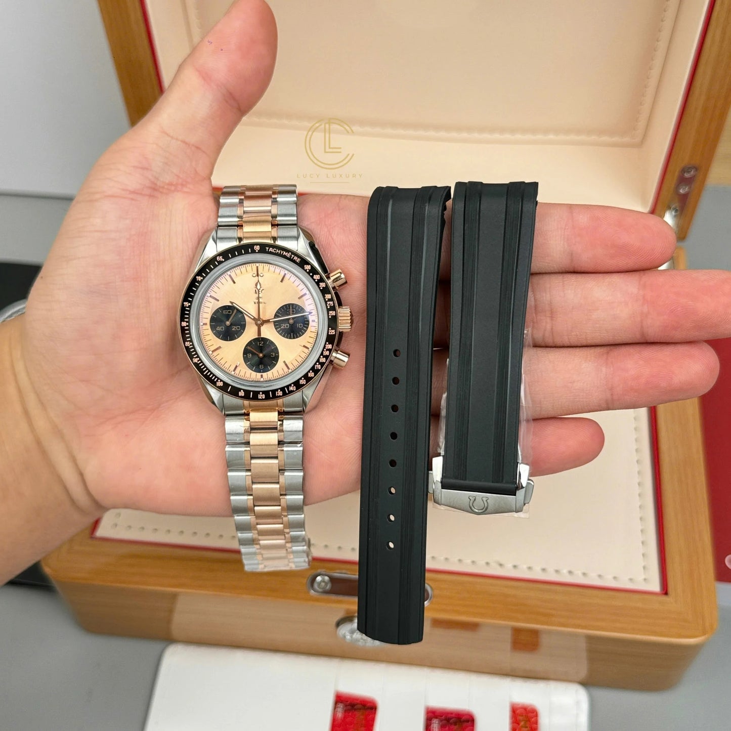 Men Two-Tone Three Subdial Automatic Chronograph Watch, See-Through Case Back Tachymeter Bezel Waterproof Luminous Business Wristwatch With Extra Rubber Strap Gift Box Set