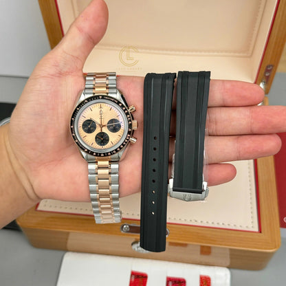 Men Two-Tone Three Subdial Automatic Chronograph Watch, See-Through Case Back Tachymeter Bezel Waterproof Luminous Business Wristwatch With Extra Rubber Strap Gift Box Set
