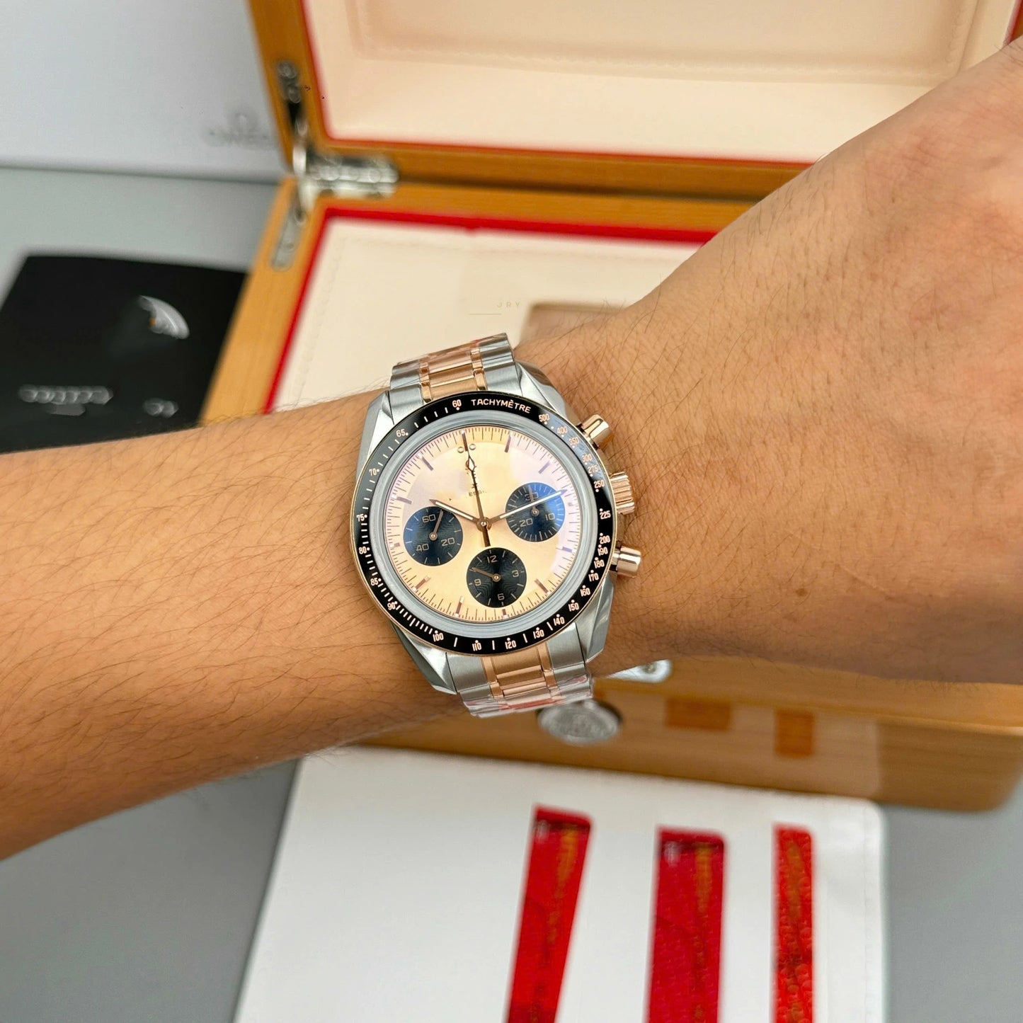Men Two-Tone Three Subdial Automatic Chronograph Watch, See-Through Case Back Tachymeter Bezel Waterproof Luminous Business Wristwatch With Extra Rubber Strap Gift Box Set