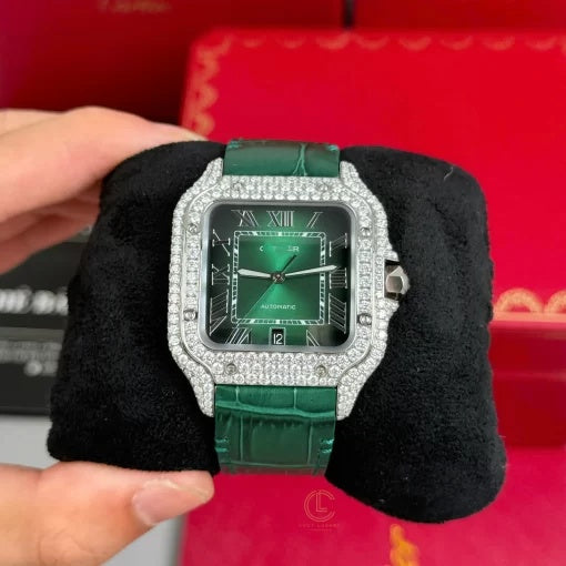 Square Full Diamond Automatic Watch with Green Dial and Leather Strap