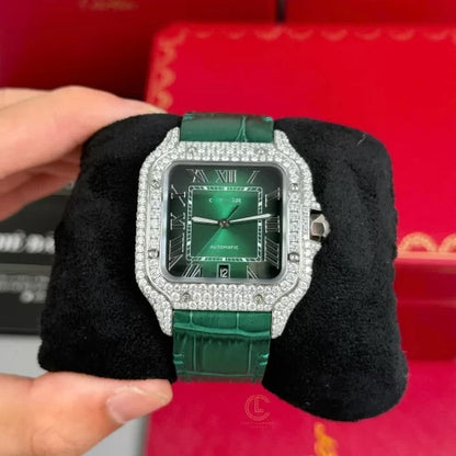 Square Full Diamond Automatic Watch with Green Dial and Leather Strap