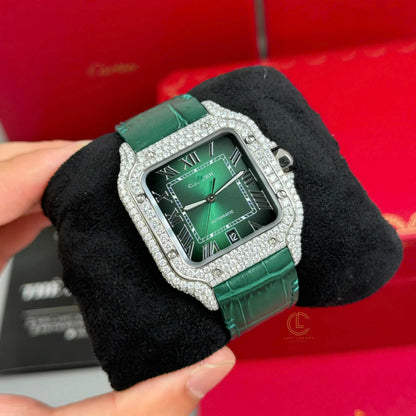 Square Full Diamond Automatic Watch with Green Dial and Leather Strap