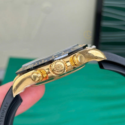 Sport Chronograph Full-Gold Watch, Ceramic Bezel Champagne Dial Rubber Strap Men's Wristwatch, Luxury Waterproof Chronograph