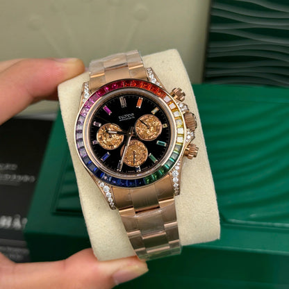 Rose Gold Rainbow Bezel Chronograph Watch