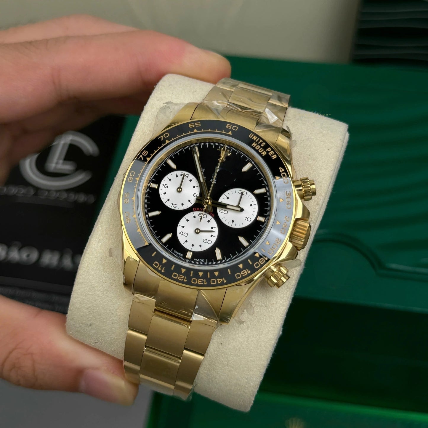 Full Gold Three-eye Chronograph Watch, Ceramic Bezel Multifunction Steel Band Men's Mechanical Wristwatch