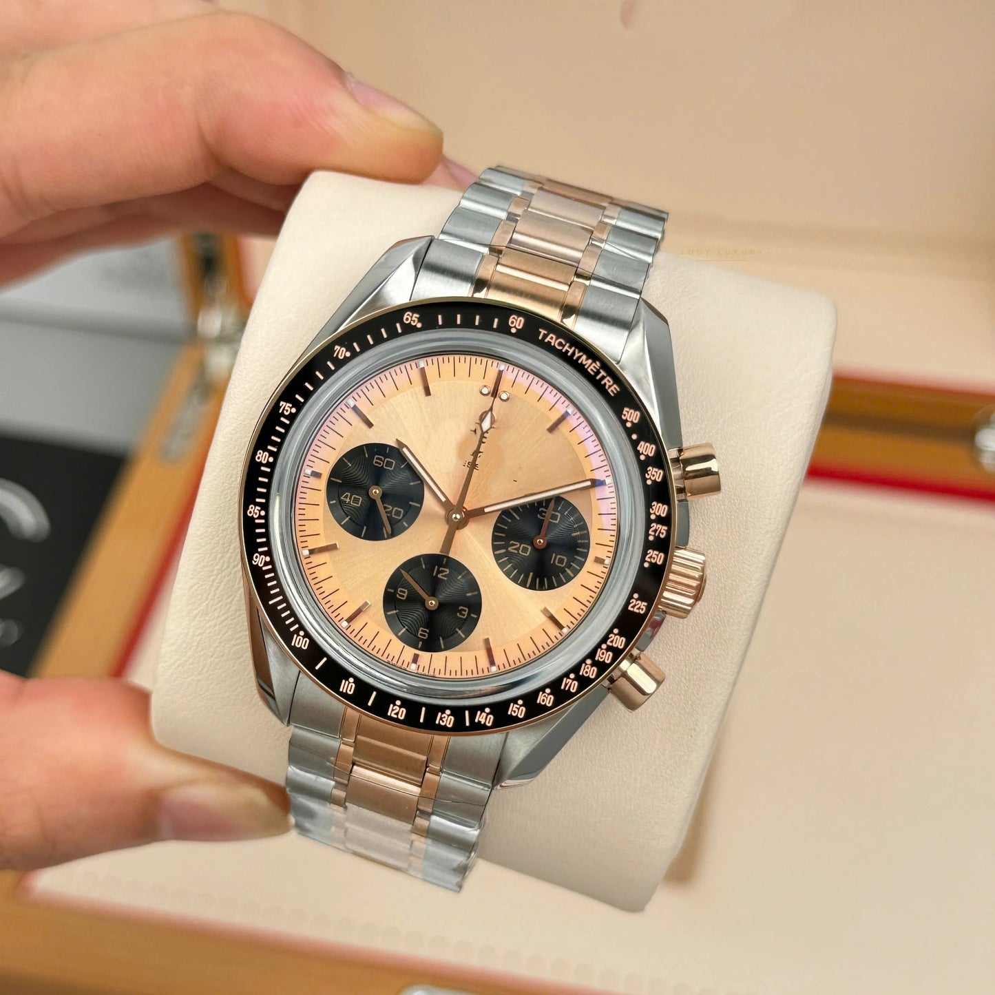 Men Two-Tone Three Subdial Automatic Chronograph Watch, See-Through Case Back Tachymeter Bezel Waterproof Luminous Business Wristwatch With Extra Rubber Strap Gift Box Set