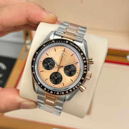 Men Two-Tone Three Subdial Automatic Chronograph Watch, See-Through Case Back Tachymeter Bezel Waterproof Luminous Business Wristwatch With Extra Rubber Strap Gift Box Set