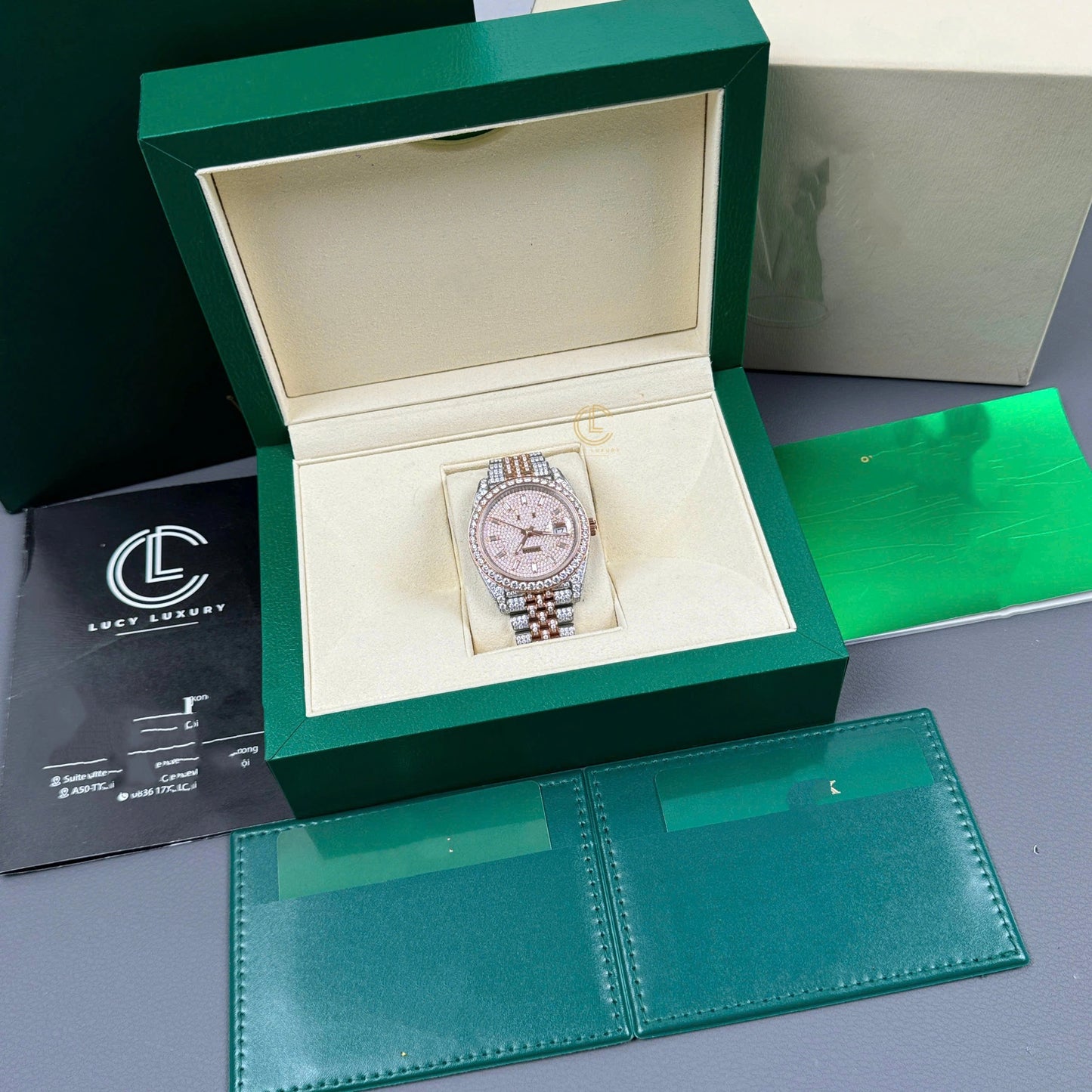 Full Iced Out Datejust Watch - Two Tone Rose Gold & Silver with Diamond Dial