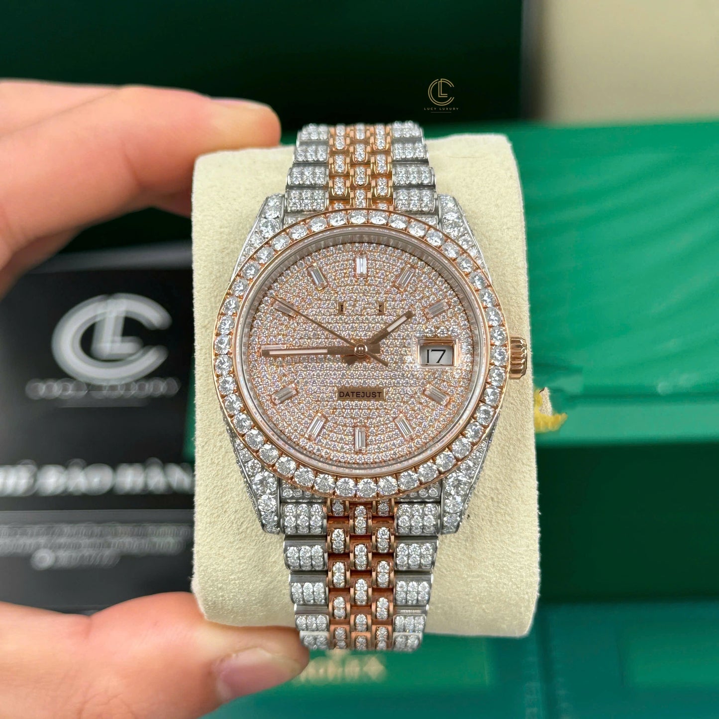 Full Iced Out Datejust Watch - Two Tone Rose Gold & Silver with Diamond Dial