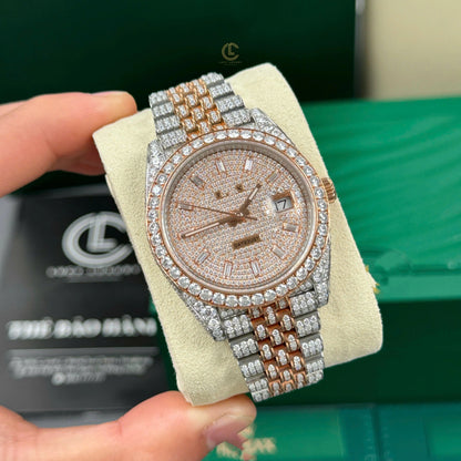 Full Iced Out Datejust Watch - Two Tone Rose Gold & Silver with Diamond Dial