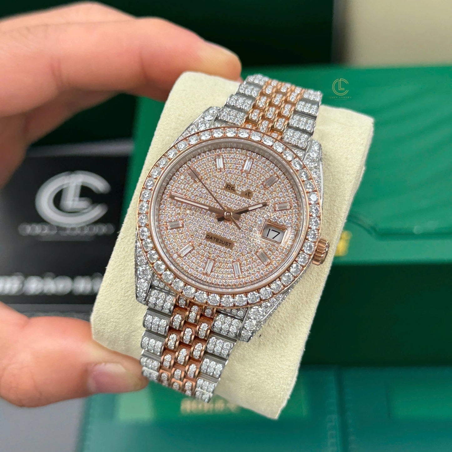 Full Iced Out Datejust Watch - Two Tone Rose Gold & Silver with Diamond Dial