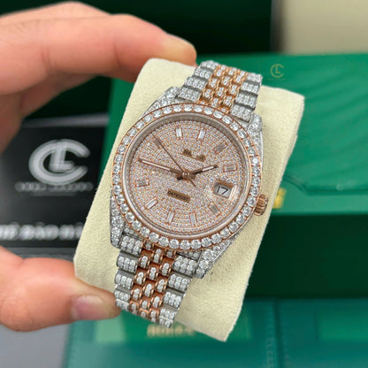 Full Iced Out Datejust Watch - Two Tone Rose Gold & Silver with Diamond Dial
