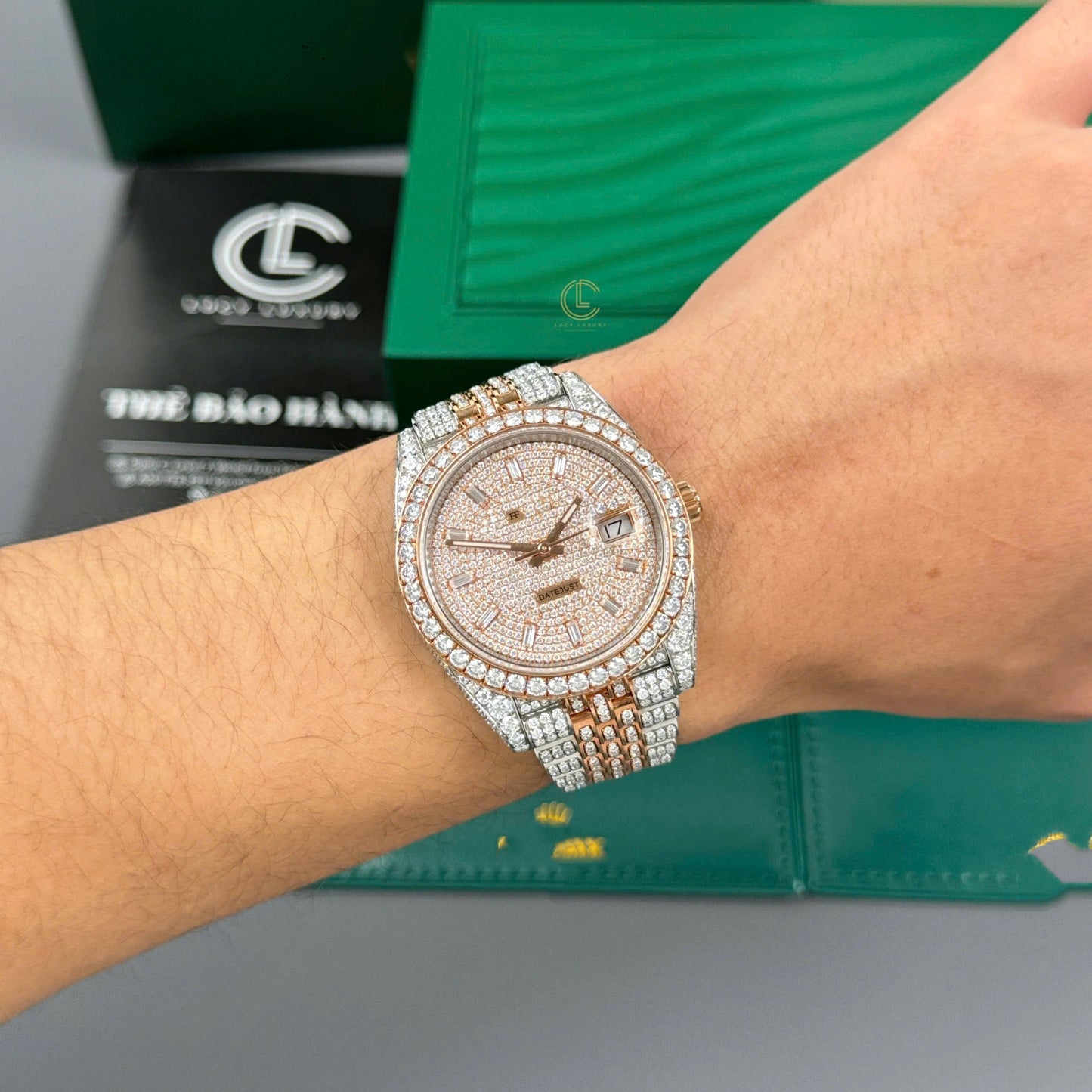 Full Iced Out Datejust Watch - Two Tone Rose Gold & Silver with Diamond Dial