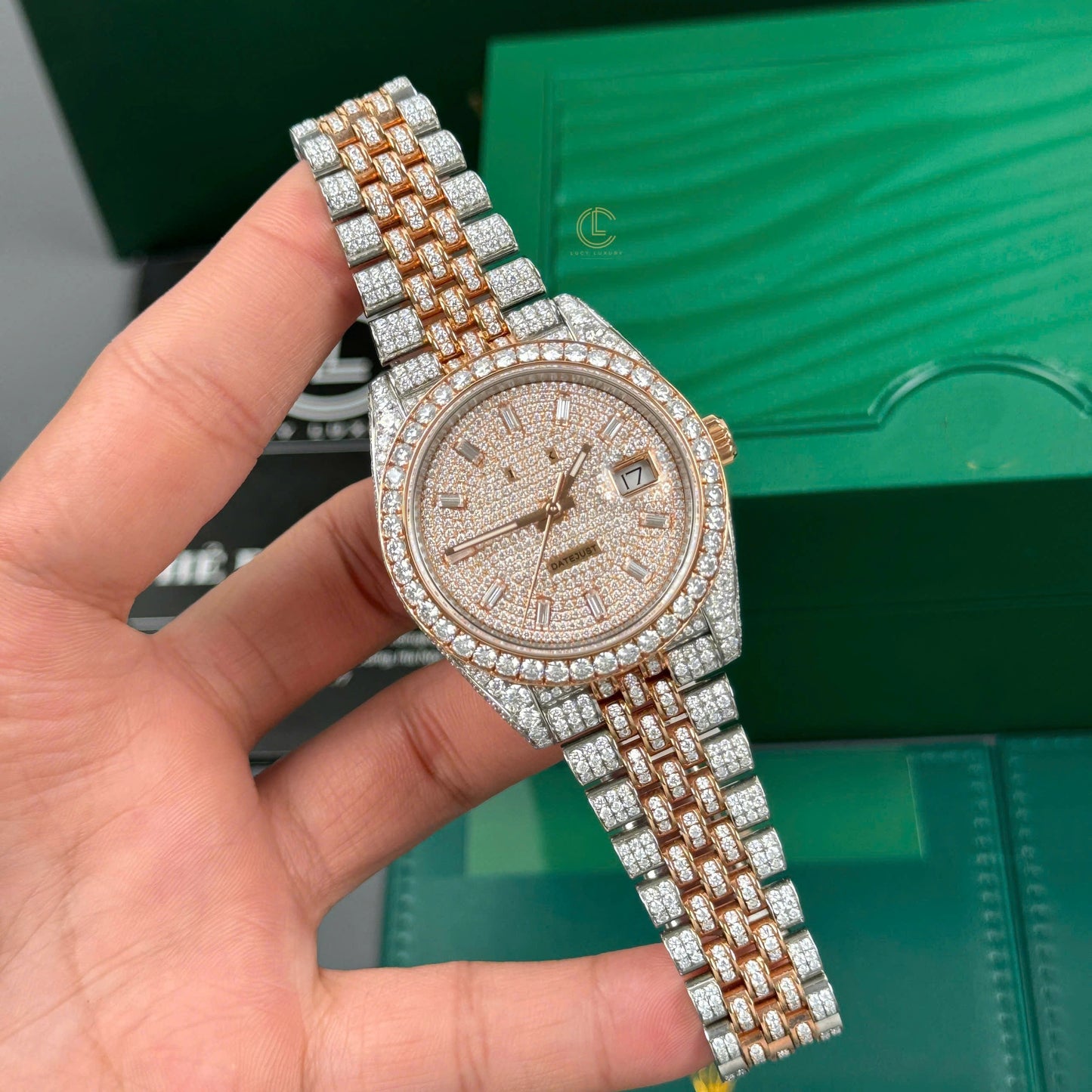 Full Iced Out Datejust Watch - Two Tone Rose Gold & Silver with Diamond Dial
