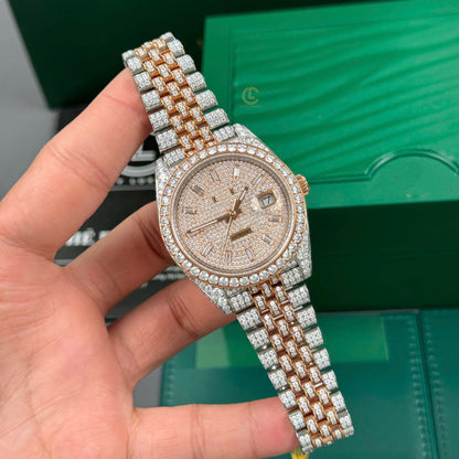 Full Iced Out Datejust Watch - Two Tone Rose Gold & Silver with Diamond Dial