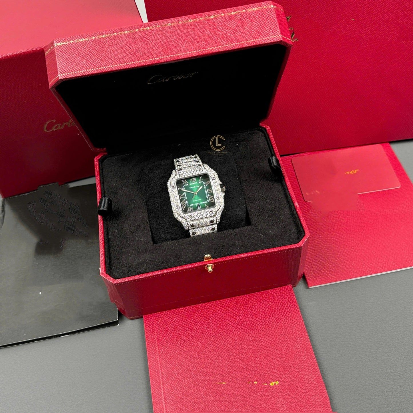 Square Full Diamond Automatic Watch with Green Dial & Extra Leather Strap